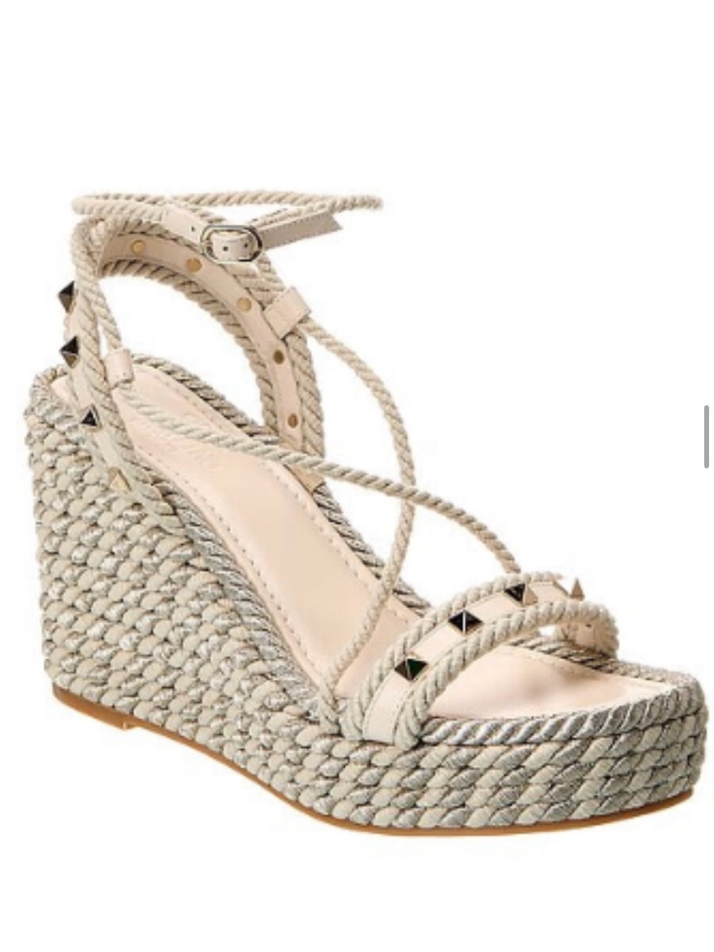 Valentino Garavani Rockstud Rope Wedge Espadrille Sandals Ivory Beige EU 38